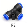 Industrial pneumatic push-to-connect fittings in black and blue plastic.