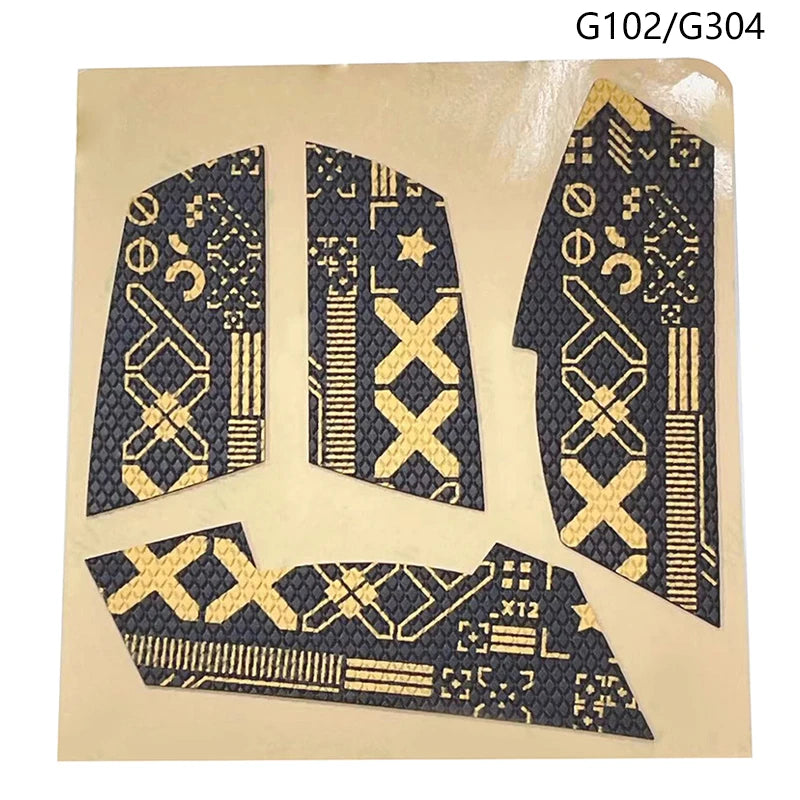Anti-slip mouse grip tape featuring dark blue and gold geometric patterns for enhanced control