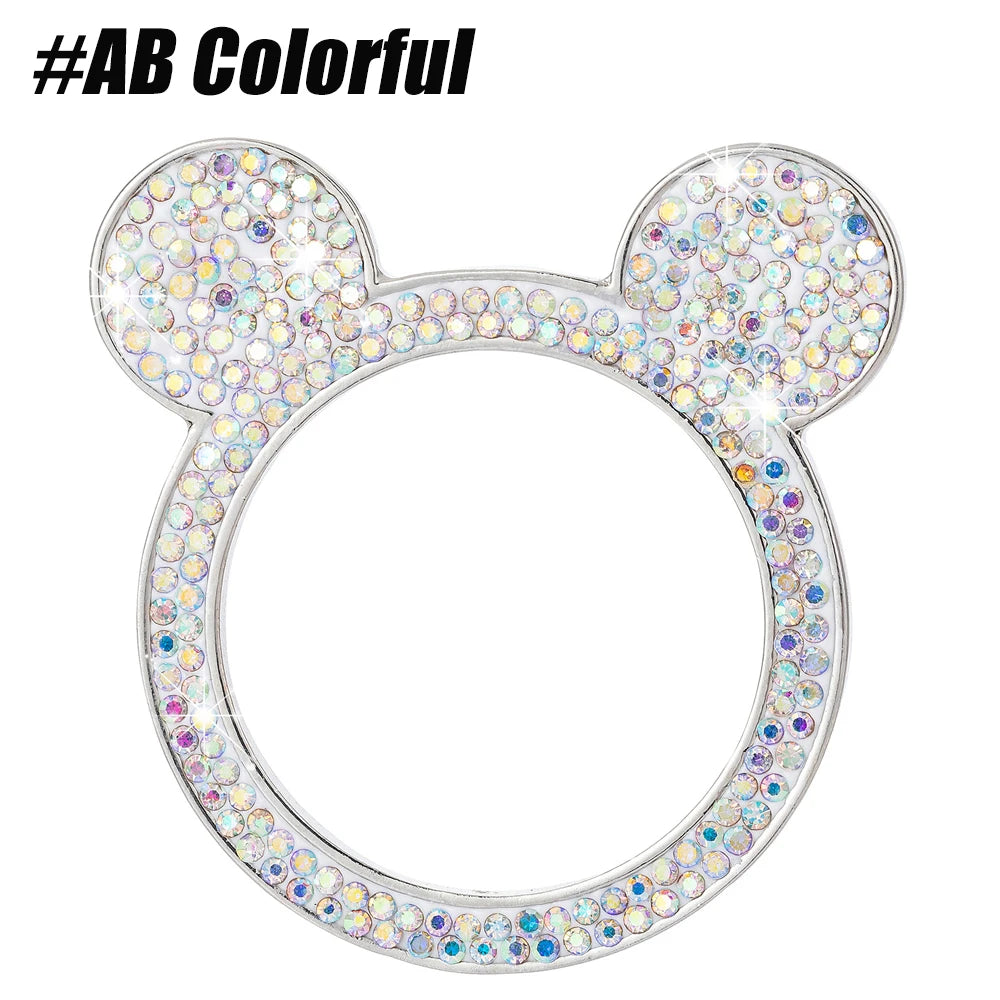 A circular ring adorned with colorful crystal rhinestones shaped like Mickey Mouse ears.
