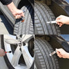 Hands are shown using a portable tire repair kit to fix a puncture in a car tire.