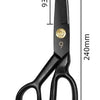 A pair of black professional heavy-duty fabric shears used for tailoring and leatherwork.