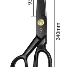 A pair of black professional heavy-duty fabric shears used for tailoring and leatherwork.