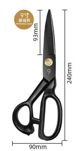 A pair of black professional heavy-duty fabric shears used for tailoring and leatherwork.