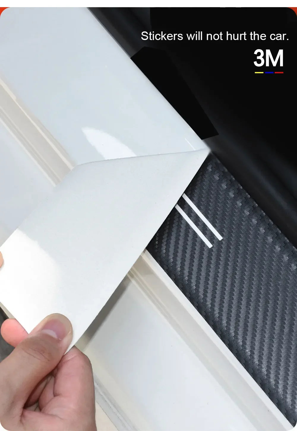 A hand is applying a white PU leather door sill protector sticker to the side of a white vehicle.