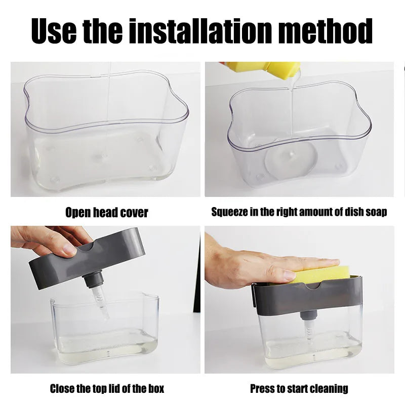Instructions showing how to use the installation method for a press-type portable soap dispenser.