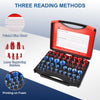 A red and black bolt and nut thread checker tool with a printed size chart and various thread sizes.