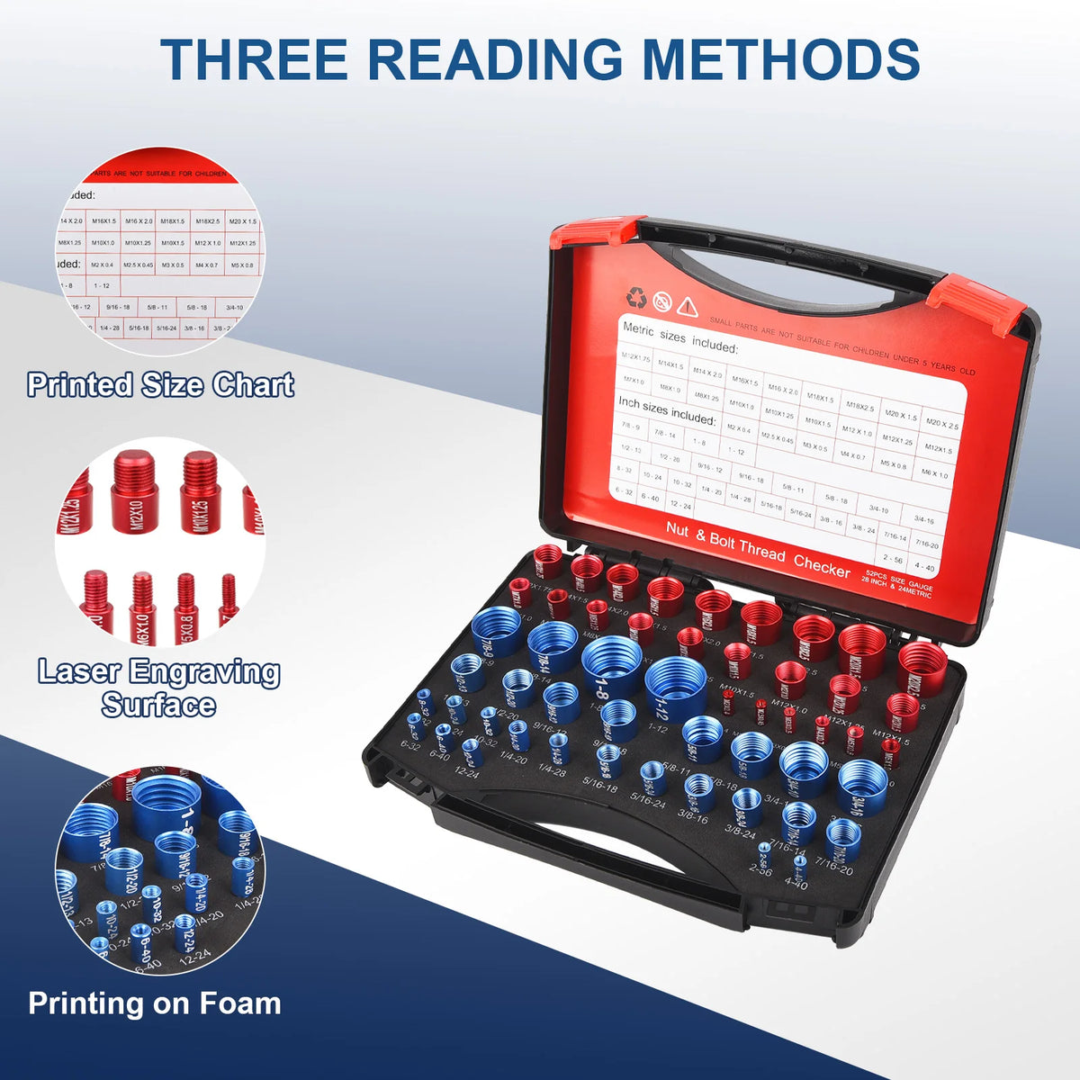 A red and black bolt and nut thread checker tool with a printed size chart and various thread sizes.