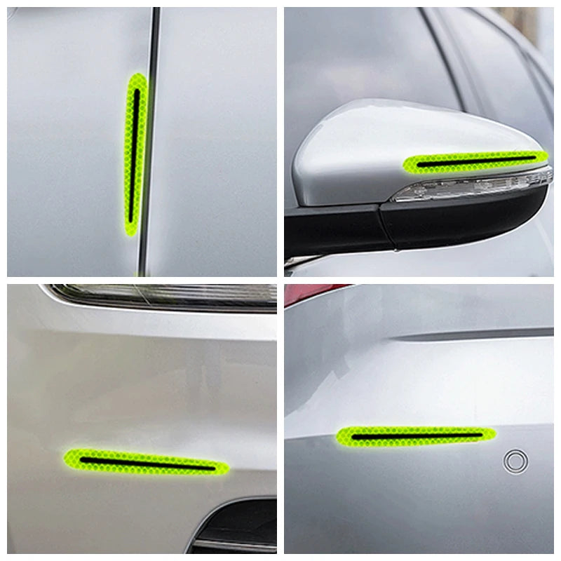 Close-up shots of reflective yellow stickers protecting car door handles and emblems.