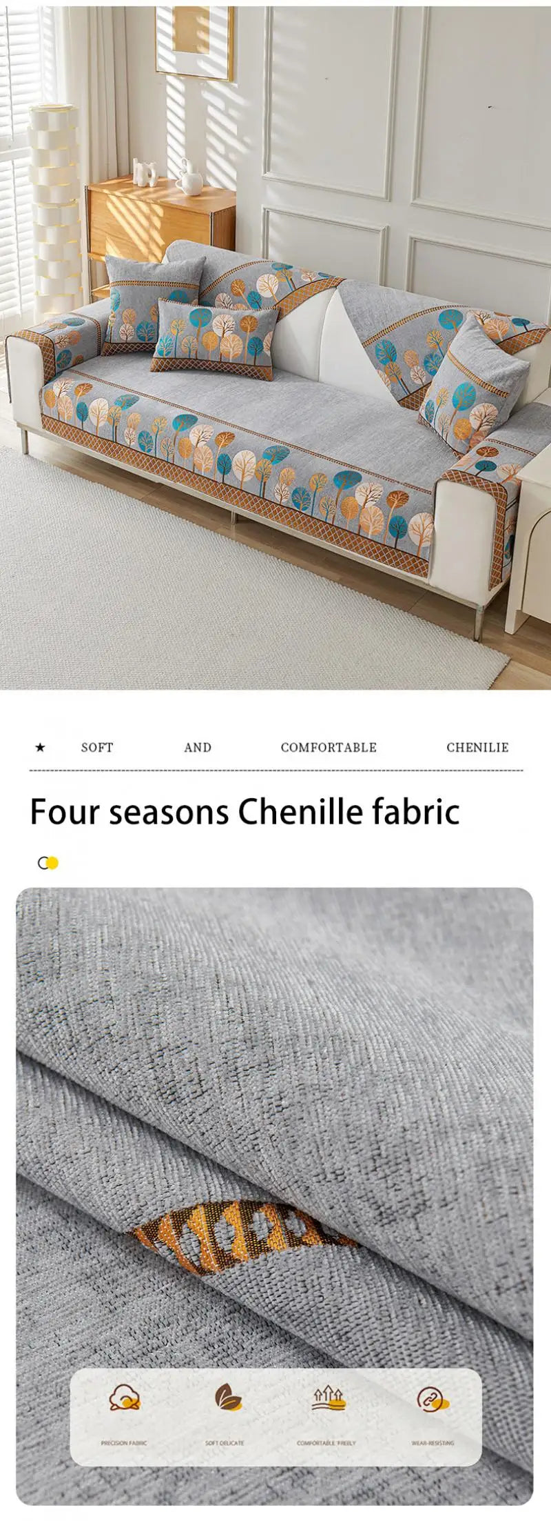 Chenille Jacquard Sofa Cover with Anti-Slip Backing