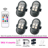 Four sets of remote control RGB LED strobe lights for vehicles shown with accessories like instruction, charging cable, and V