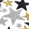 A collection of glitter rhinestone star patches in various colors including gold, silver, and black.