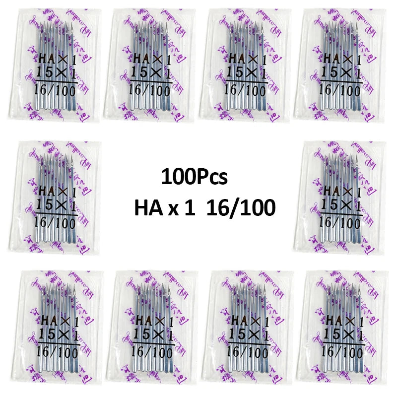 A pack of universal sewing machine needles in various sizes, packaged for 100 pieces.