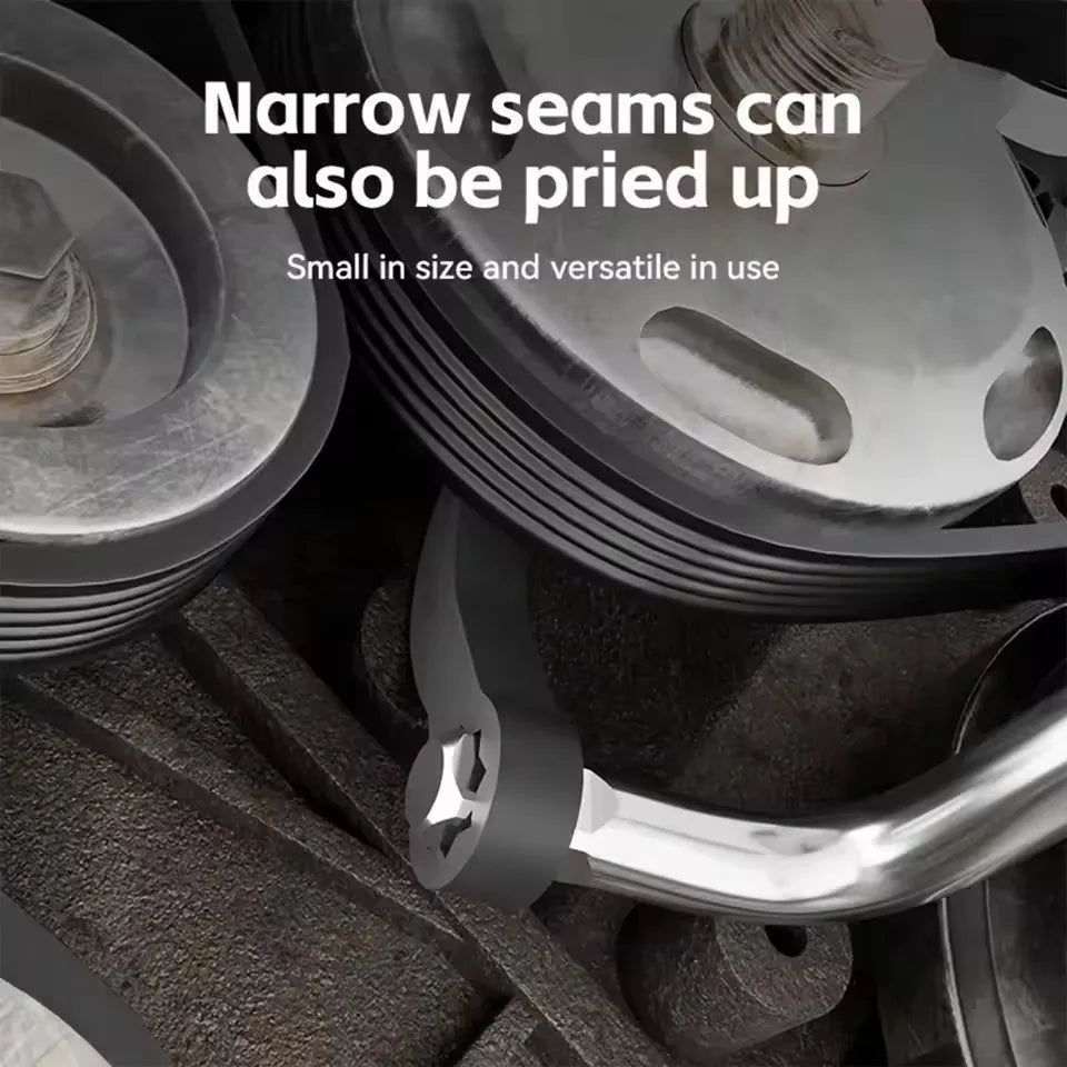 Close-up of a heavy-duty control arm pry tool kit with a 1/2 inch drive adapter being used on a vehicle component.