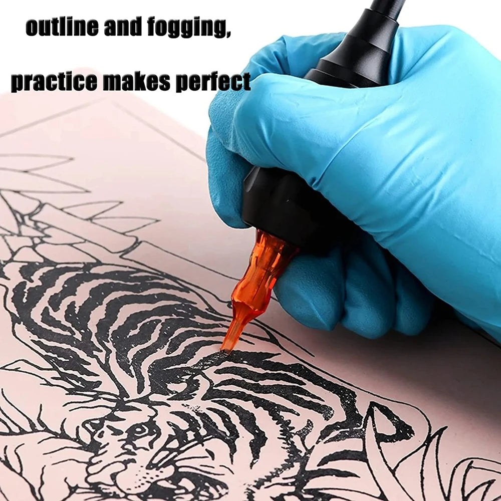 A hand in a blue glove is using an orange tattoo pen to outline a tiger design on skin and thermal transfer paper.
