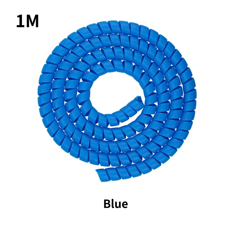 Blue cable protector sleeve coiled into a circular shape for electric scooter cables.