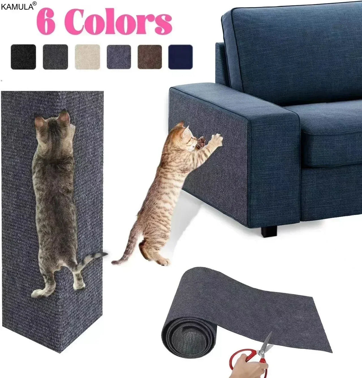 A dark blue fabric scratching mat protector is shown next to a cat scratching on it.