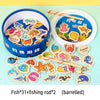 A wooden magnetic fishing game set featuring fish and a fishing rod, packaged in a blue container.