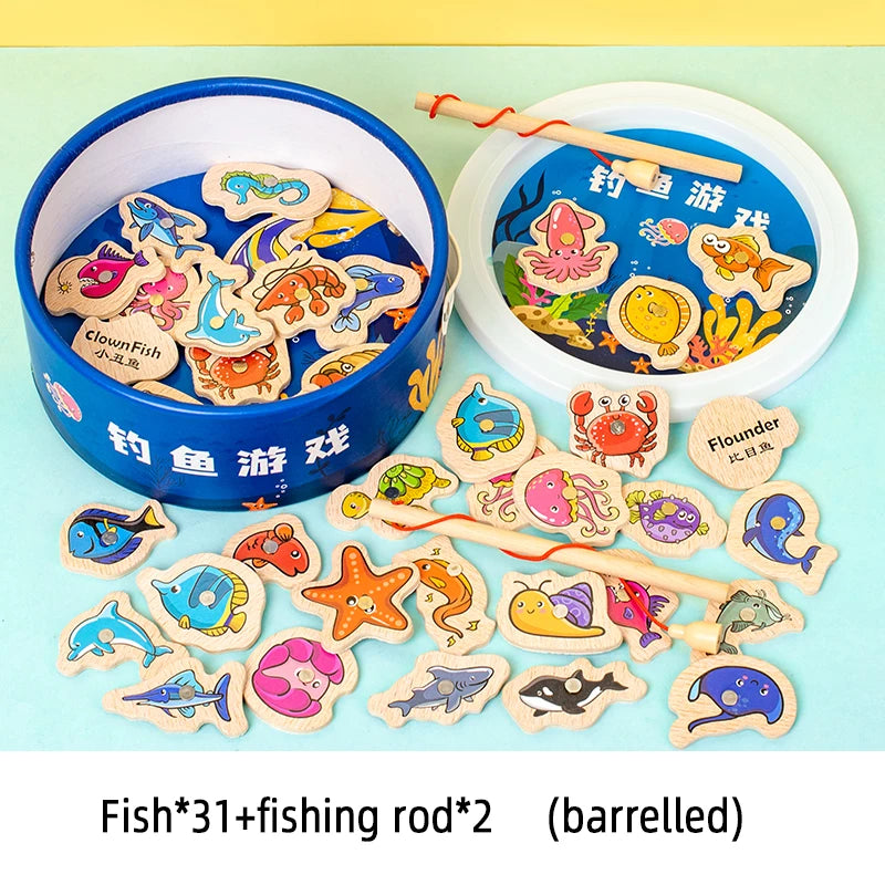 A wooden magnetic fishing game set featuring fish and a fishing rod, packaged in a blue container.