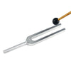 A silver tuning fork set with two prongs and a black mallet attached to a wooden handle.