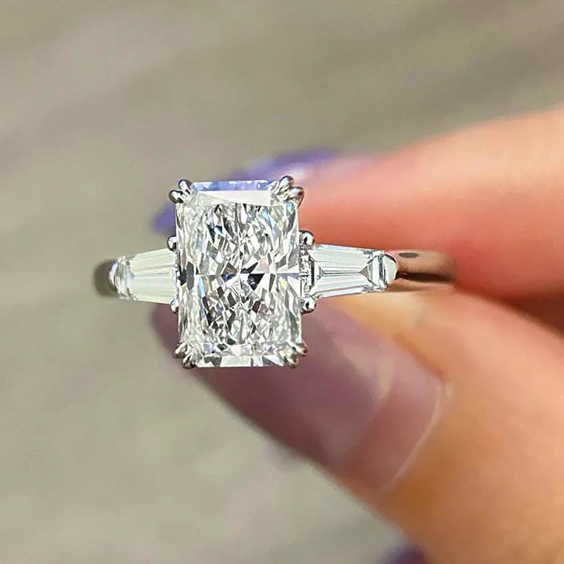 Radiant Cut Moissanite Engagement Ring with Baguette Side Stones