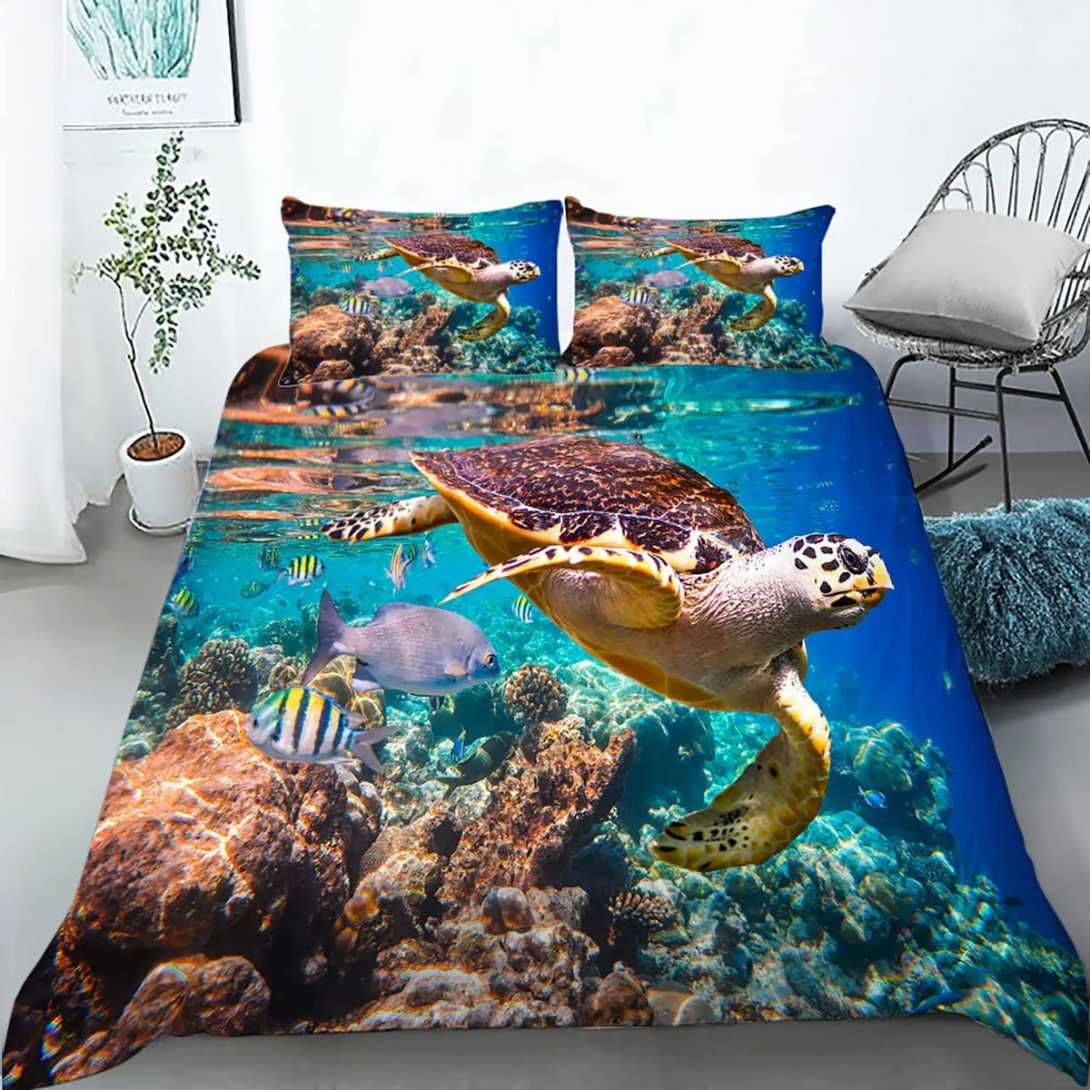 A vibrant underwater scene featuring sea turtles and coral, printed on a duvet cover.