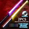Two RGB metal lightsabers showing various colors and modes with USB charging capability