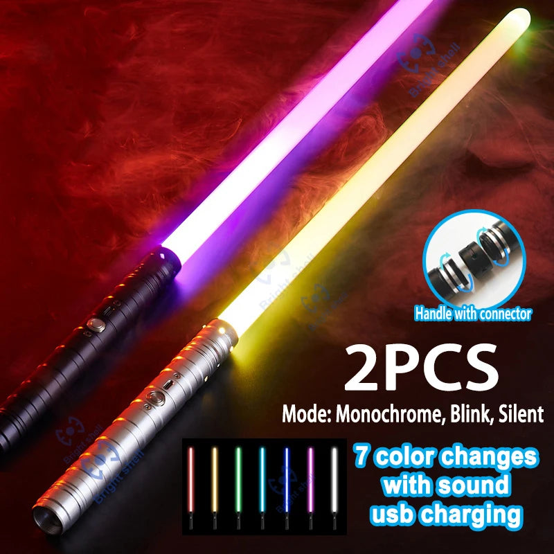 Two RGB metal lightsabers showing various colors and modes with USB charging capability