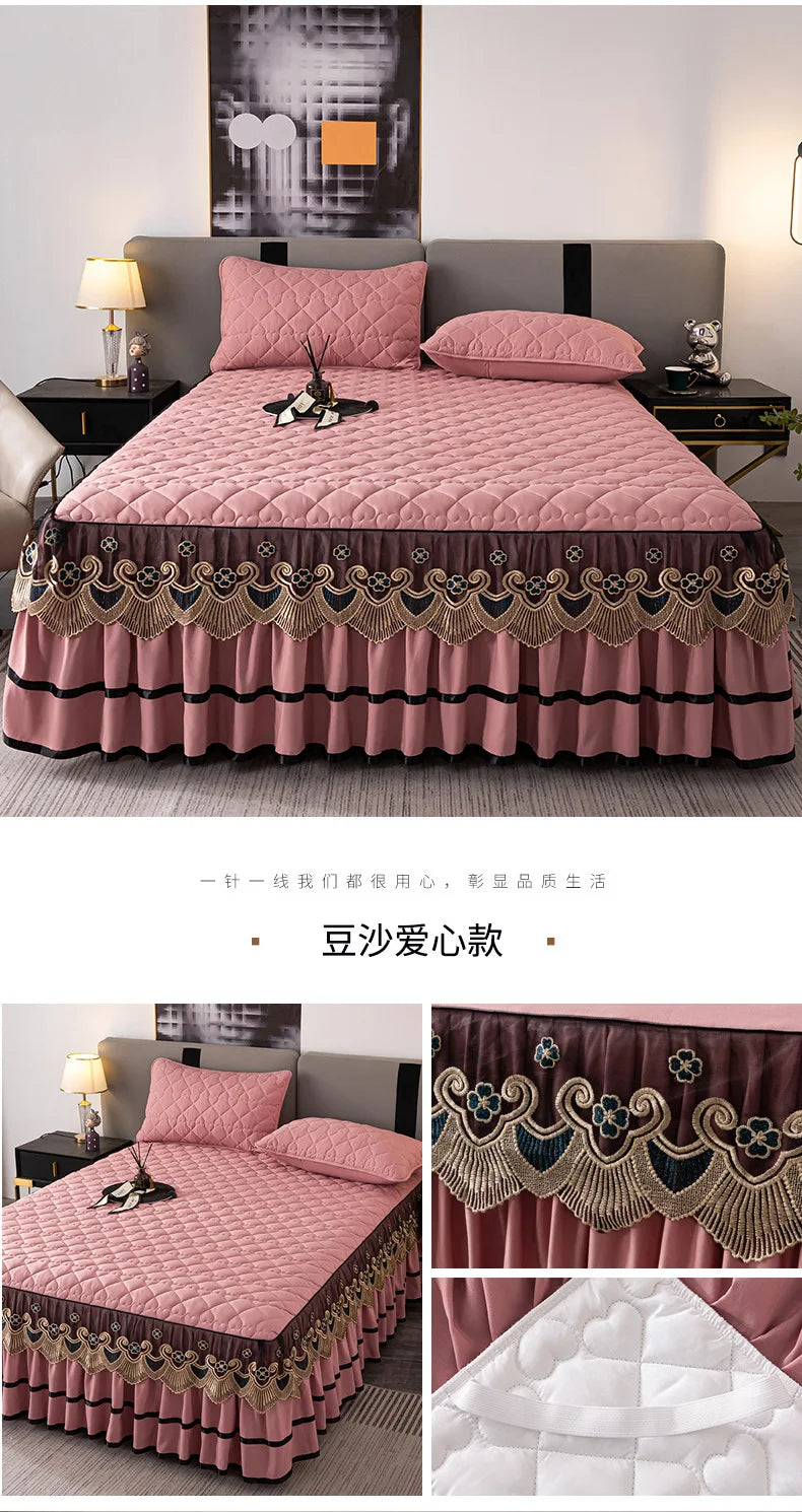 Gold Embroidered Lace Bed Skirt with Heart Pattern