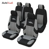 Four black car seat covers for two-row vehicles shown in a studio setting.