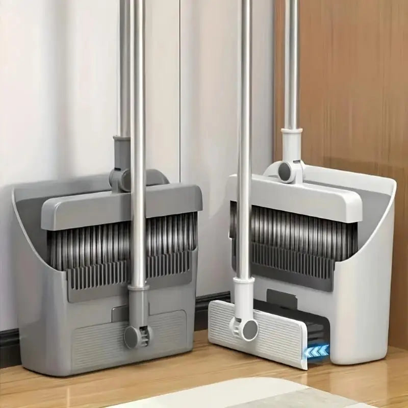 A pair of silver and white folding broom and dustpan sets with aluminum handles resting on a wooden floor.