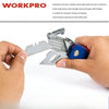 A hand is holding a silver utility knife with a blue handle, demonstrating the blade replacement mechanism.