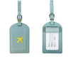 A light mint green PU leather luggage tag with a gold airplane emblem and a clear section for address details.