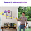 A man demonstrates the automatic return feature of a magic flying ball toy by throwing it and catching it.