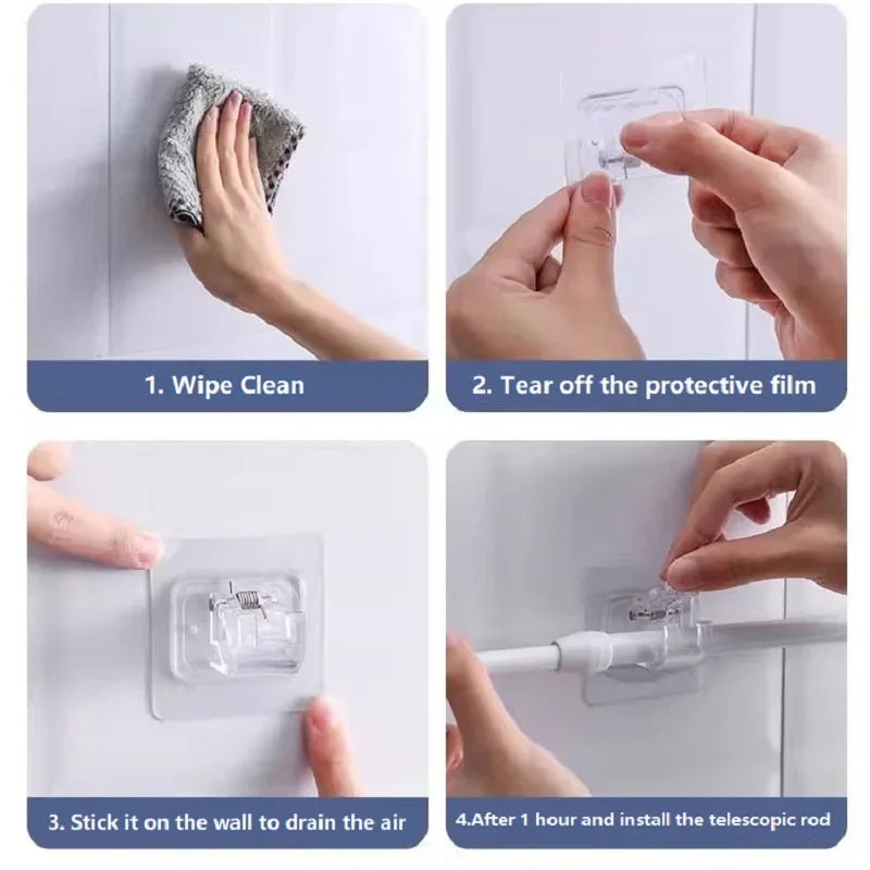 Instructions showing how to use No-Drill Adhesive Curtain Rod Brackets to install a rod on a wall.