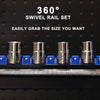 A row of silver swivel rail sets with various sizes are mounted on a black electronic board.