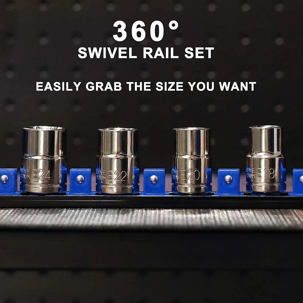 A row of silver swivel rail sets with various sizes are mounted on a black electronic board.