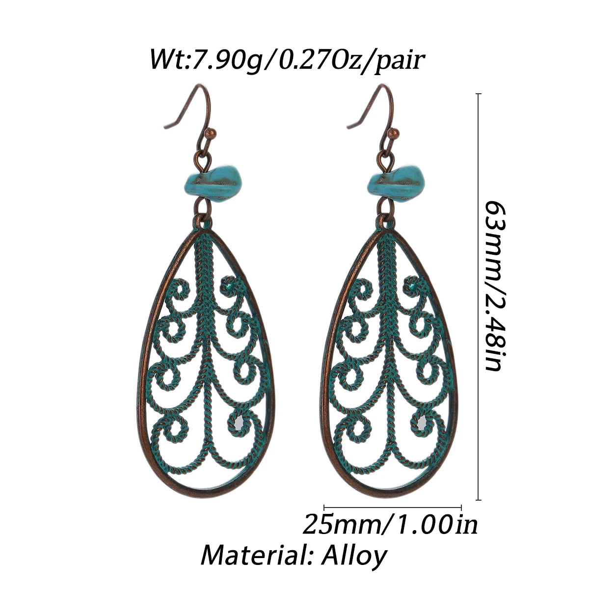 Boucles d'oreilles pendantes en alliage avec un motif de plume bleu sarcelle et une perle turquoise.