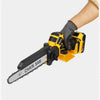 A hand holding a yellow cordless brushless chainsaw with a chain saw blade for wood cutting.