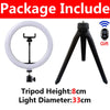 Black tripod stand with a white ring light and phone holder for photography or video.