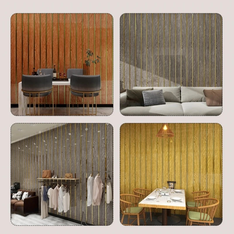 تصميم داخلي بخلفية من شرائح خشبية بإطار ذهبي على حائط، إلى جانب أثاث وديكور.