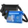 A blue waterproof phone pouch with a black strap is shown against a white background.