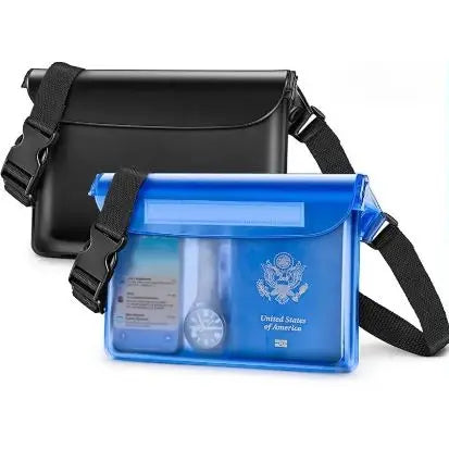 A blue waterproof phone pouch with a black strap is shown against a white background.