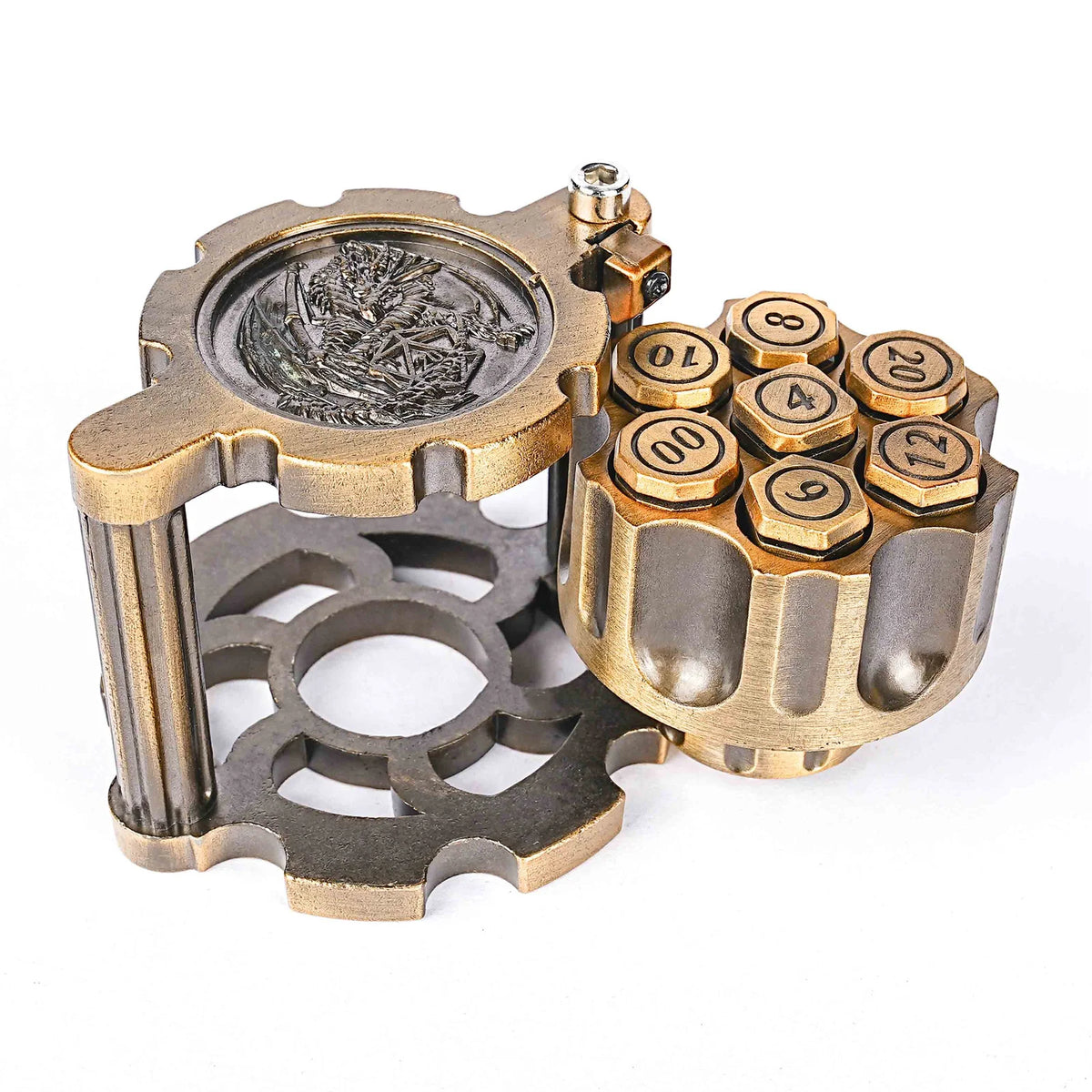 Golden Metal Revolver Dice Set for Tabletop RPGs