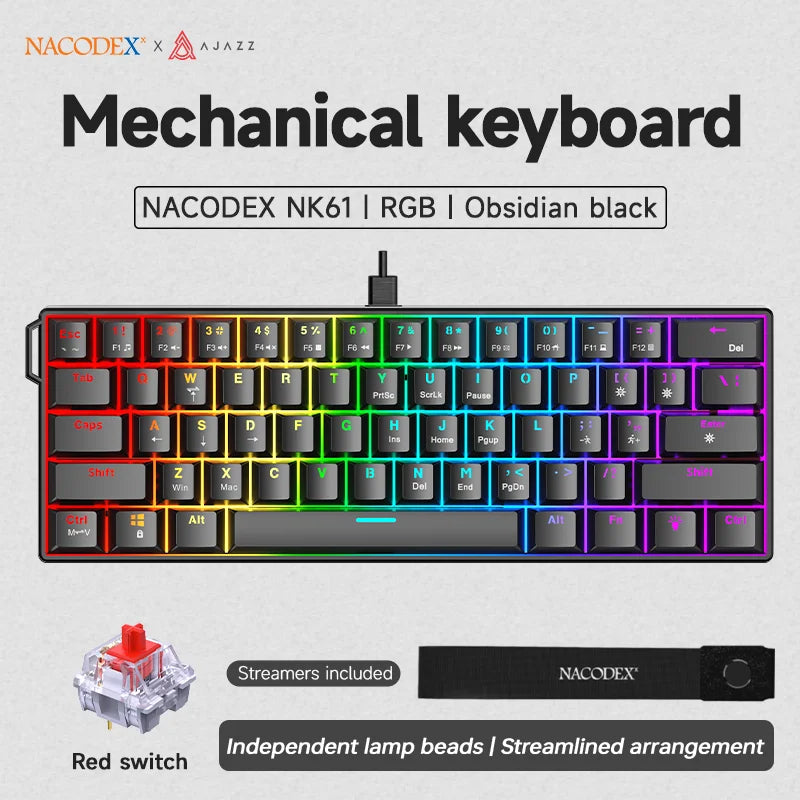 NACODEX NK61 mechanische Tastatur in Obsidian-Schwarz mit RGB-Beleuchtung und roten Switches