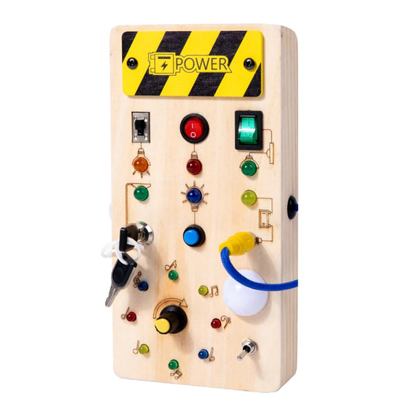 A wooden musical busy board for kids featuring various buttons, levers, and sound components.