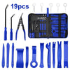 A collection of 19 pieces of auto trim removal tools in various shapes and sizes stored in a black bag.
