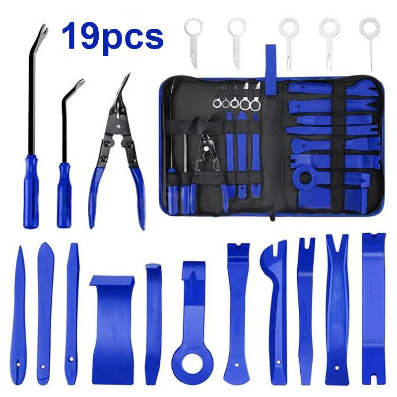 A collection of 19 pieces of auto trim removal tools in various shapes and sizes stored in a black bag.