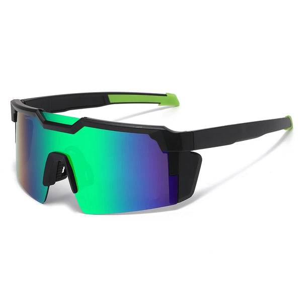 Black sports sunglasses with polarized green lenses and a lime green strap.