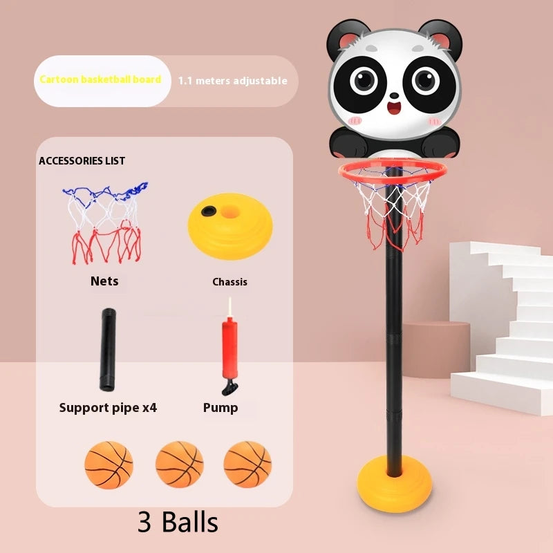 A black adjustable basketball hoop with a panda head design and various accessories like nets, chassis, support pipes, and ba