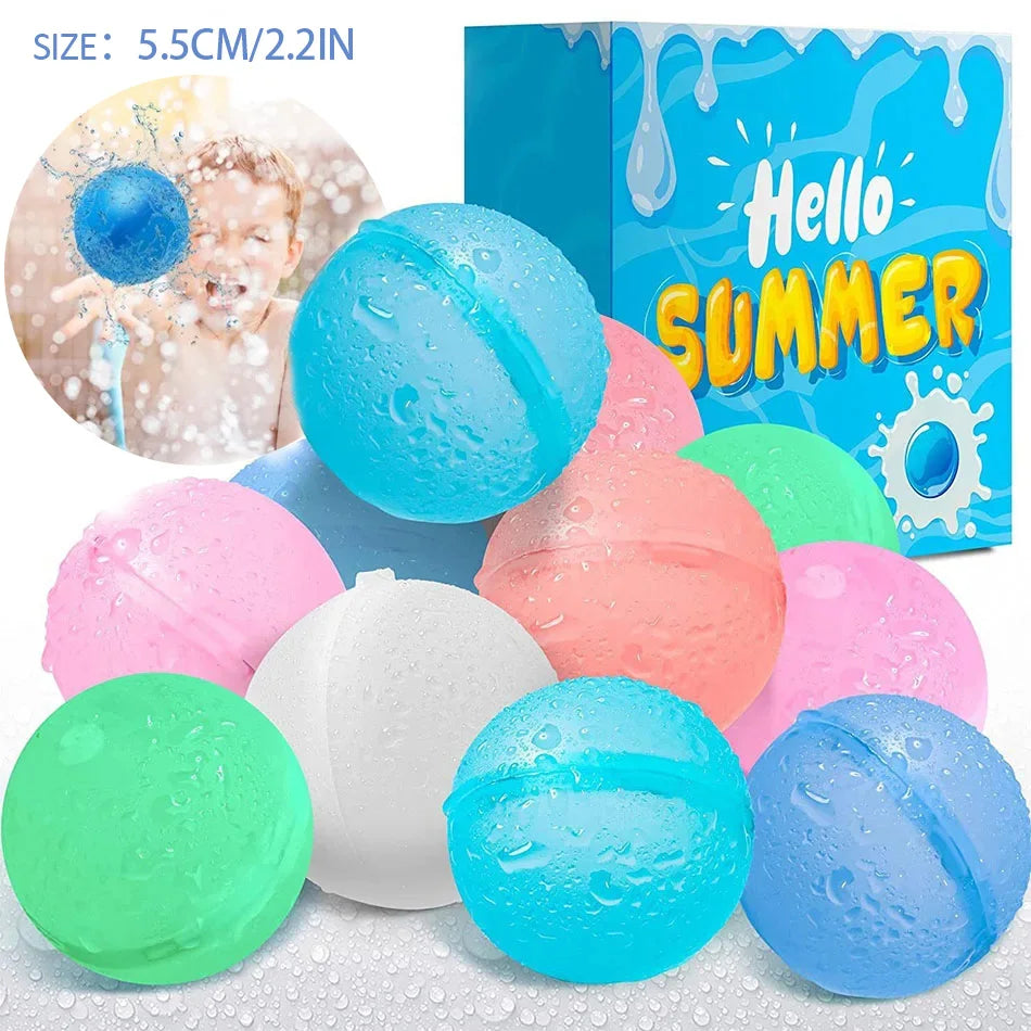 A collection of colorful reusable splash water balloons in various shades of blue, pink, and green.